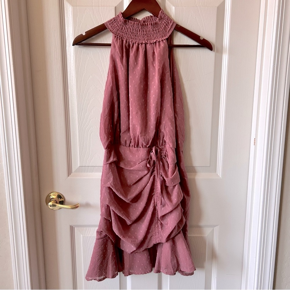 Lulus Mauve Halter Dress with Ruching and Smocked Neckline – Size Small NWT